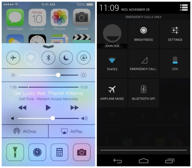 Android 4.2 vs iOS 7 quick settings