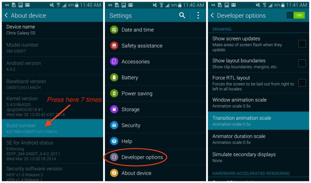 Galaxy S5 Developer Options animations