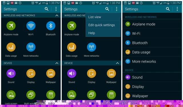 Galaxy S5 Settings list view