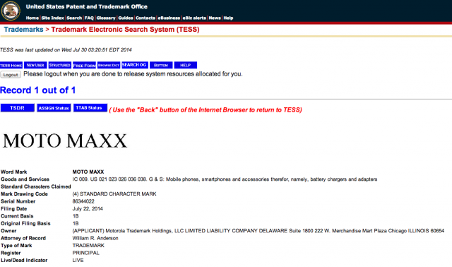 Motorola Moto Maxx trademark