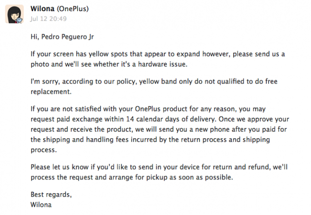 OnePlus One customer service yellow band issue