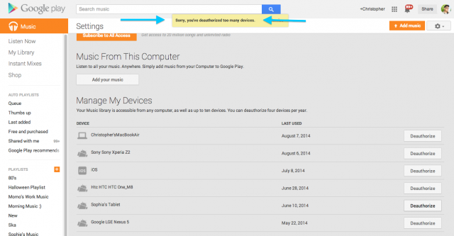 Google Play Music de-auth limit reinstated