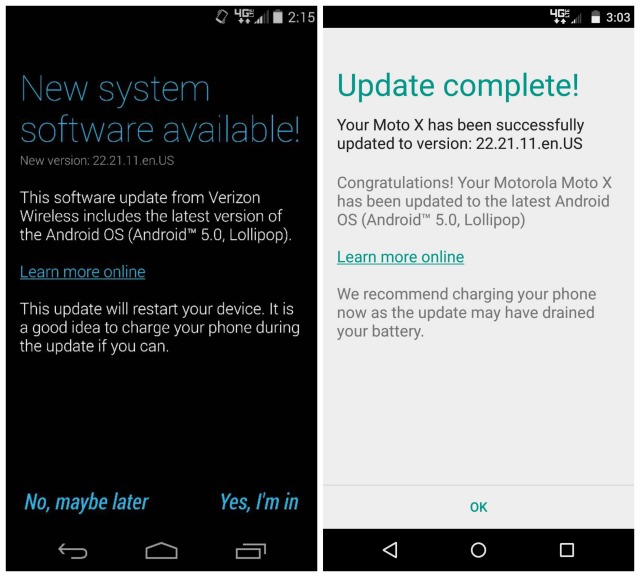 Verizon Moto X Android 5.0 Lollipop update