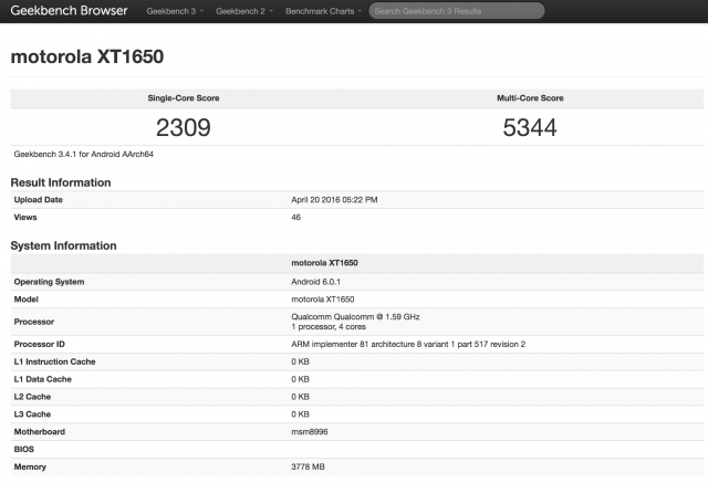 Motorola XT1650 Geekbench benchmark