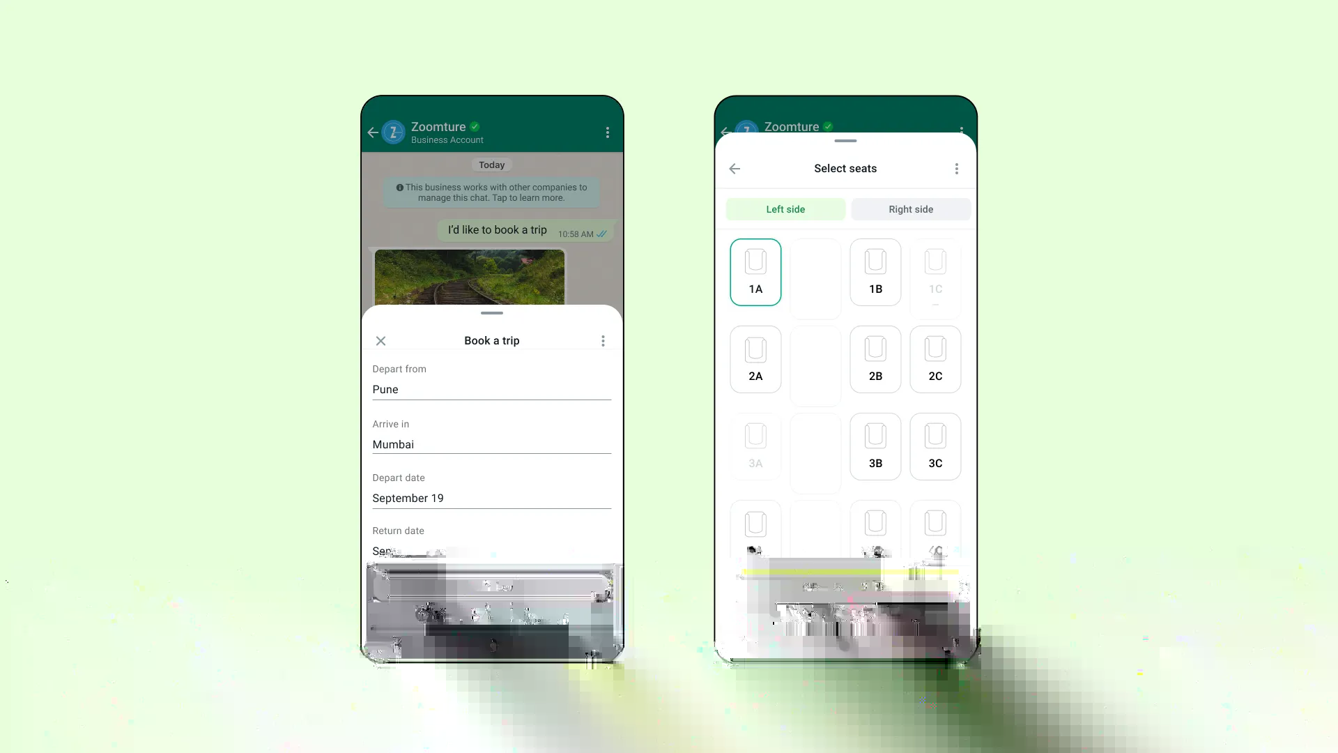 On a book a trip screen, there are options for departure, arrival and date of return. All of these are interactable with a green continue button at the bottom. The screen beside it shows a seat assignment chart. Selected seats are highlighted with a green boarder. And there is a confirm selection button at the bottom to confirm the selection.